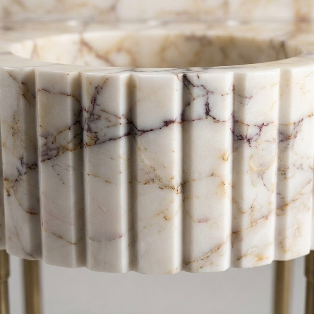 Calacatta Viola Fluted Marble Sink with Brass Stand and Backsplash — marble detail — view 3