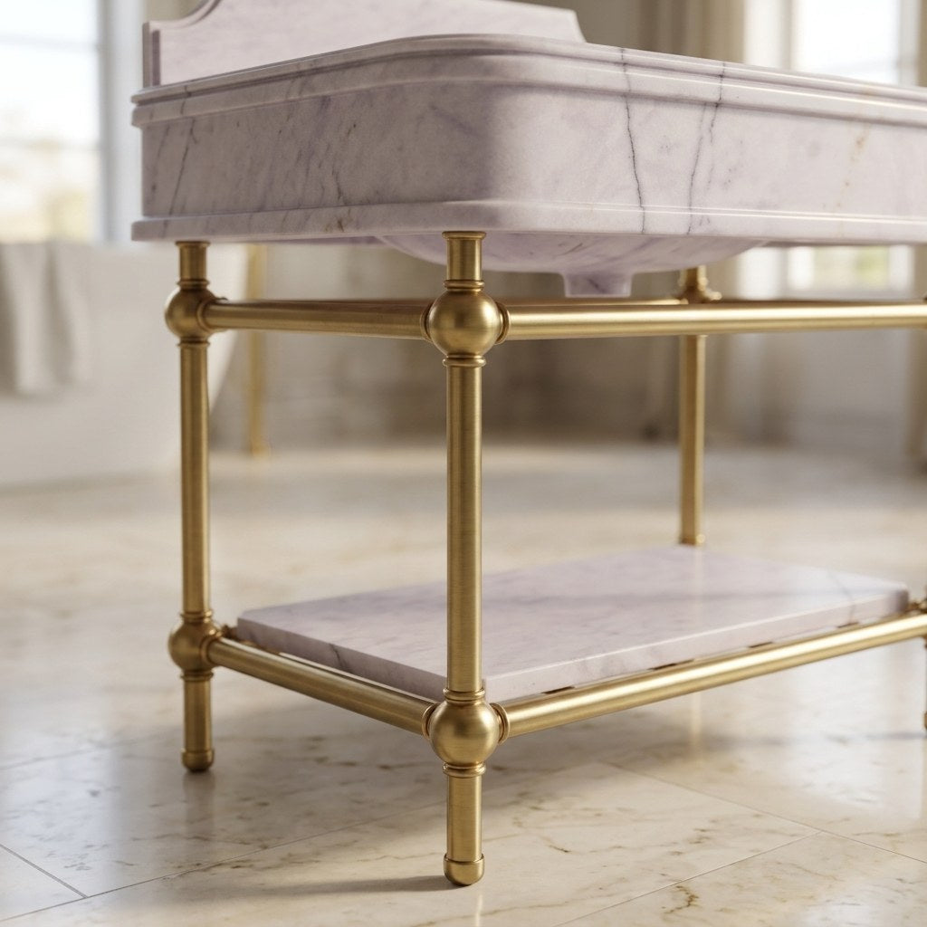 Lilac Marble Sink with Brass Gold Stand and Backsplash — detail — view 4