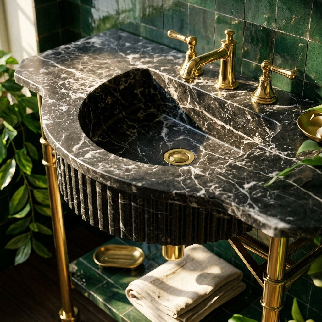 Pietra Notte Fluted Marble Sink with Brass Stand — premium — view 2