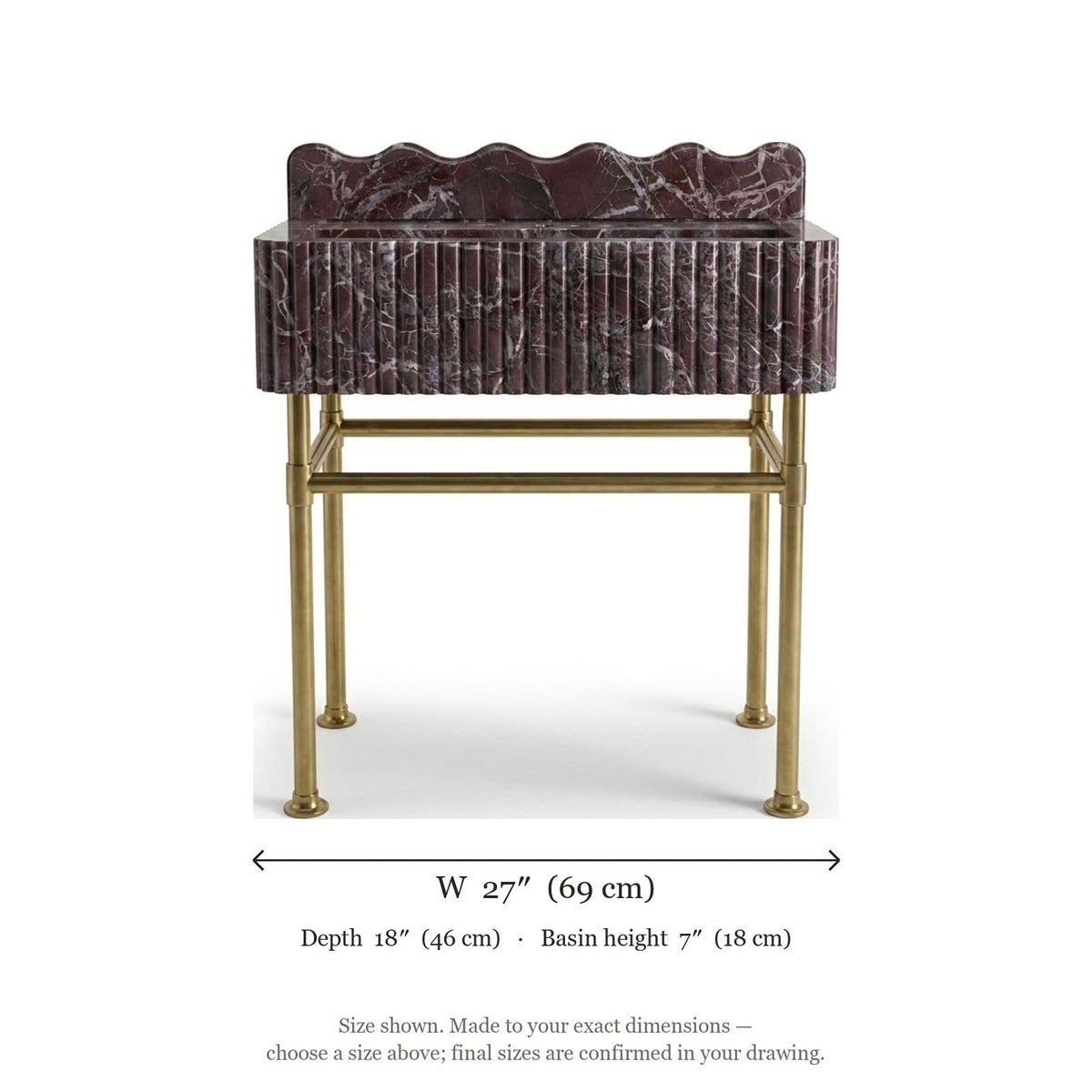 Rosso Levanto Fluted Marble Sink with Brass Stand — dimensions — view 5