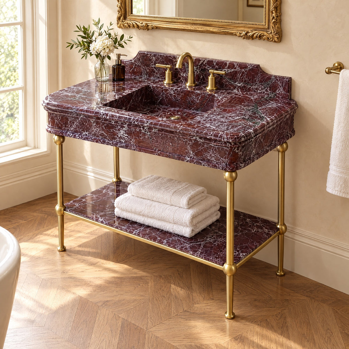 Rosso Levanto Marble Sink with Brass Stand and Backsplash — premium — view 2