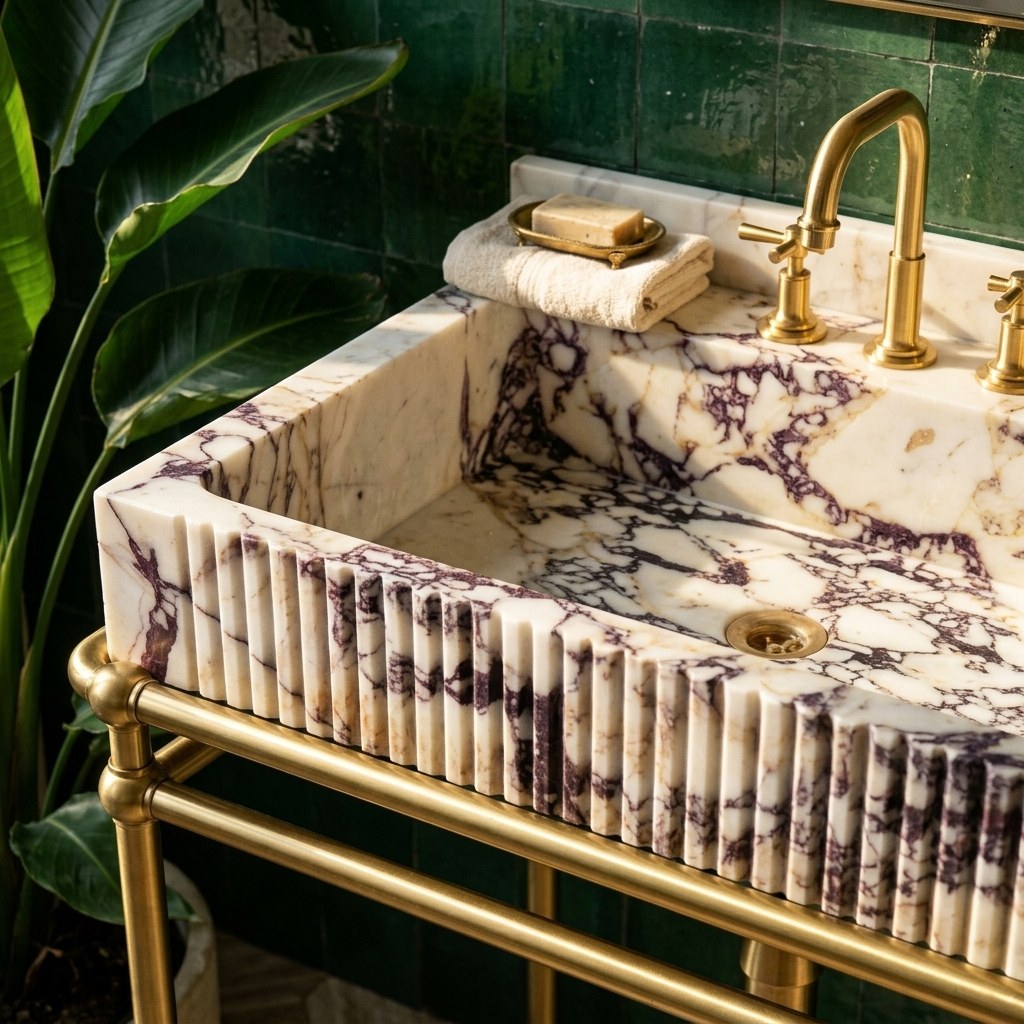 Calacatta Viola Fluted Marble Sink with Brass Stand — premium — view 2