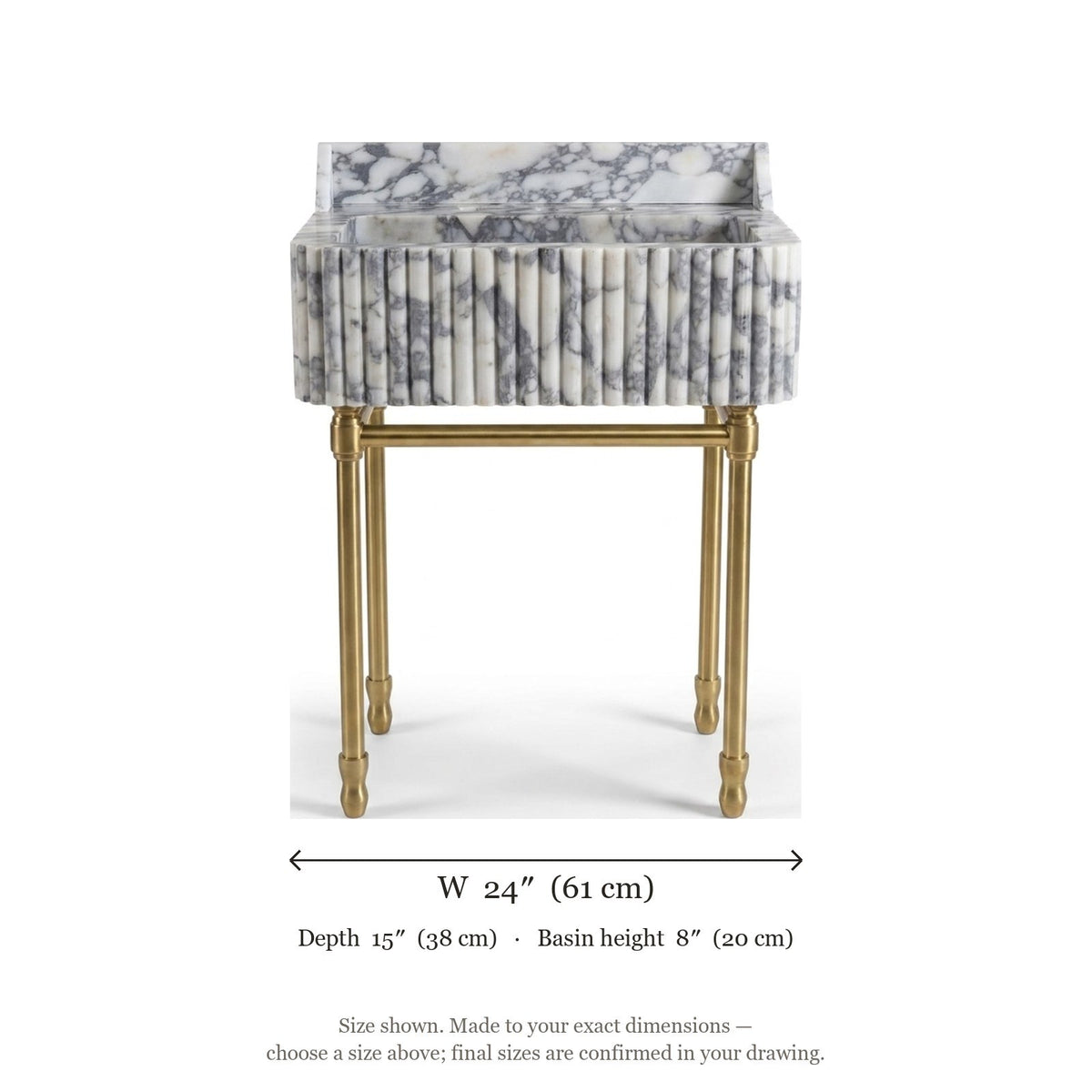 Calacatta Viola Fluted Marble Sink with Brass Stand — dimensions — view 5