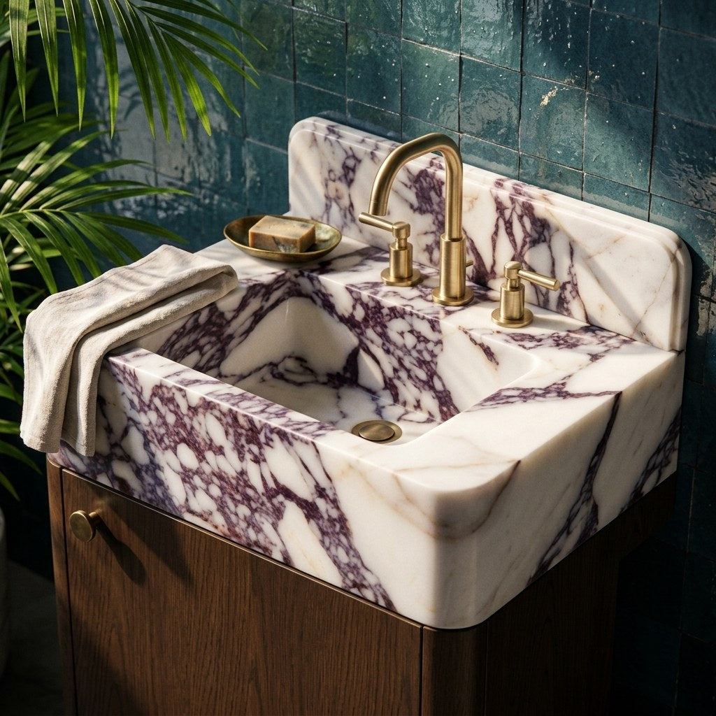 Calacatta Viola Honed Marble Vanity with Backsplash — premium — view 2