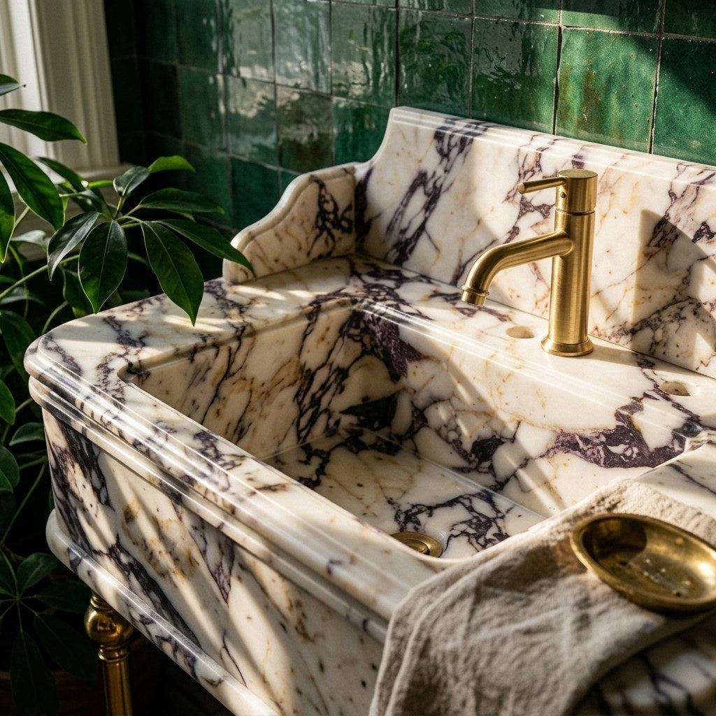 Calacatta Viola Marble Sink with Brass Gold Stand — premium — view 2