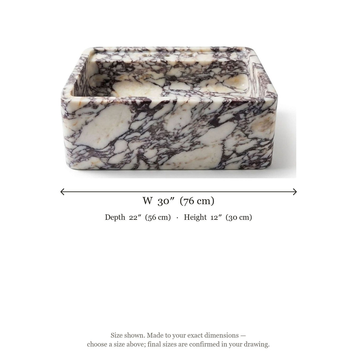 Calacatta Viola Polished Marble Sink with 3 Faucet Holes — dimensions — view 4