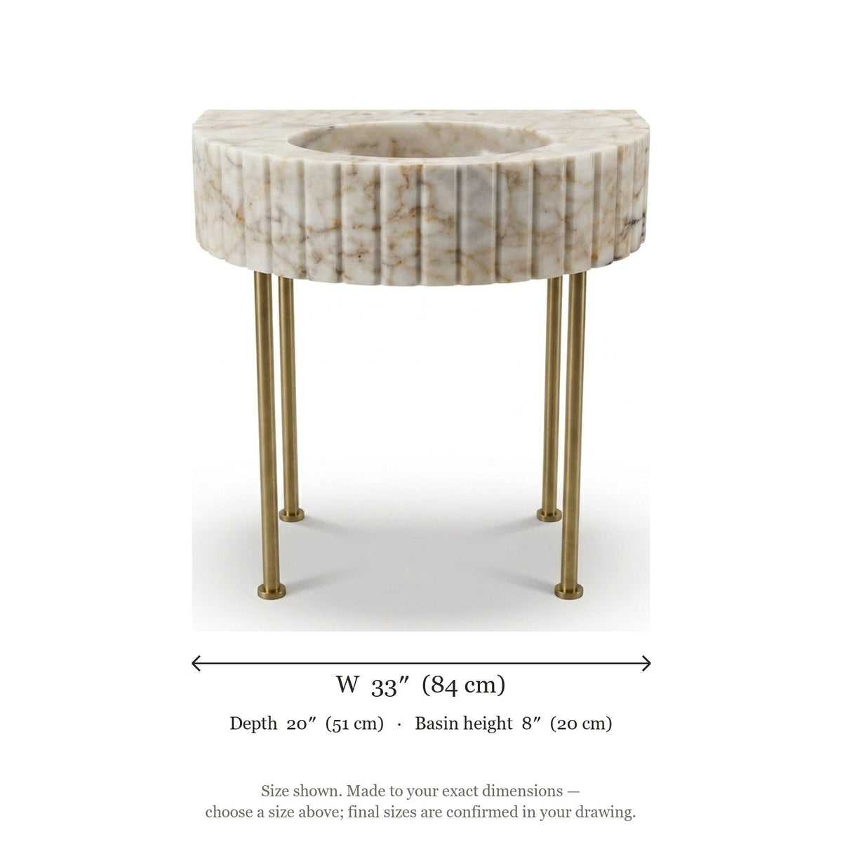 Calacatta Gold Fluted Marble Sink with Copper Legs — dimensions — view 5