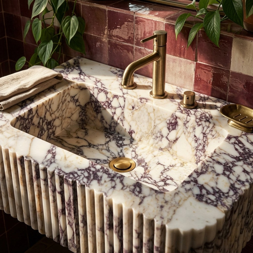 Calacatta Viola Honed Marble Sink with 3 Faucet Holes — premium — view 2