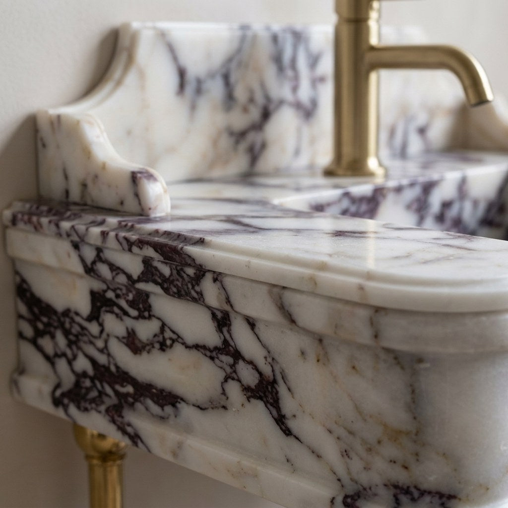 Calacatta Viola Marble Sink with Brass Stand and Backsplash — marble detail — view 3