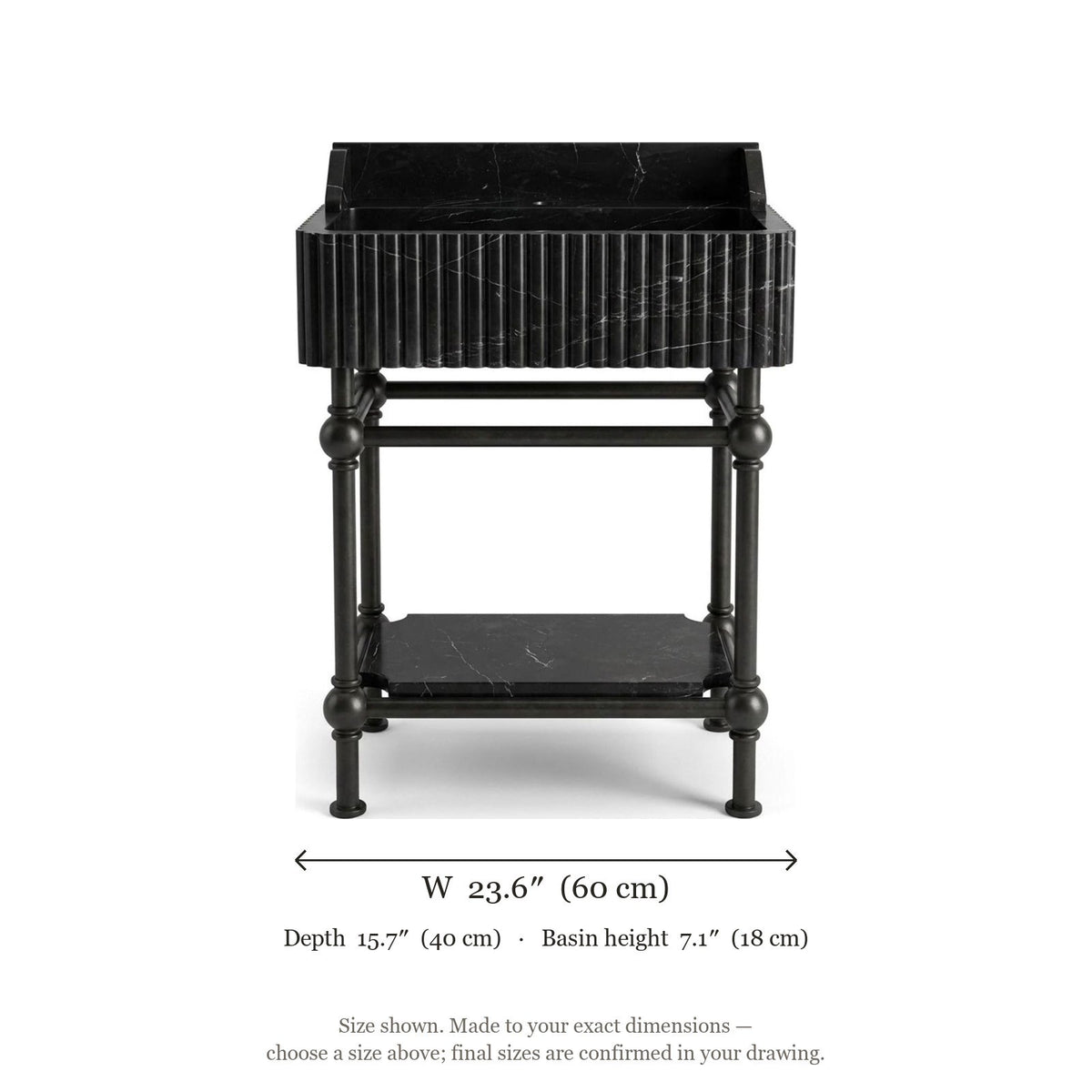 Nero Marquina Fluted Marble Sink with Metal Stand — dimensions — view 5