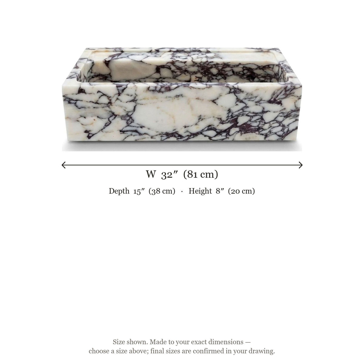 Calacatta Viola Polished Rectangular Vessel Marble Sink — dimensions — view 5