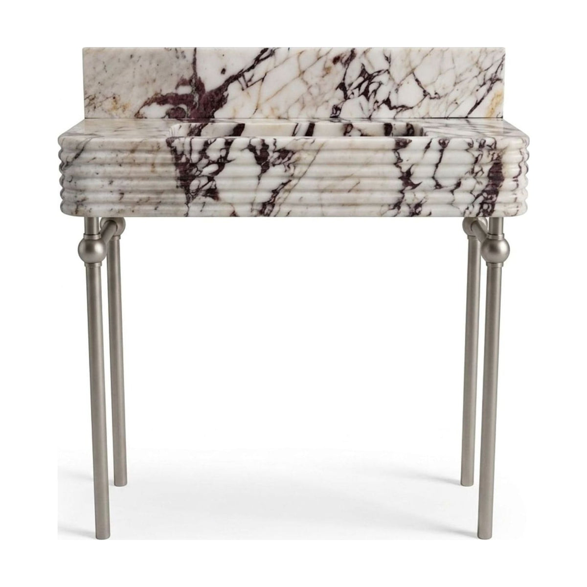 Calacatta Viola Fluted Marble Console Sink with Brushed Steel Stand — view 1