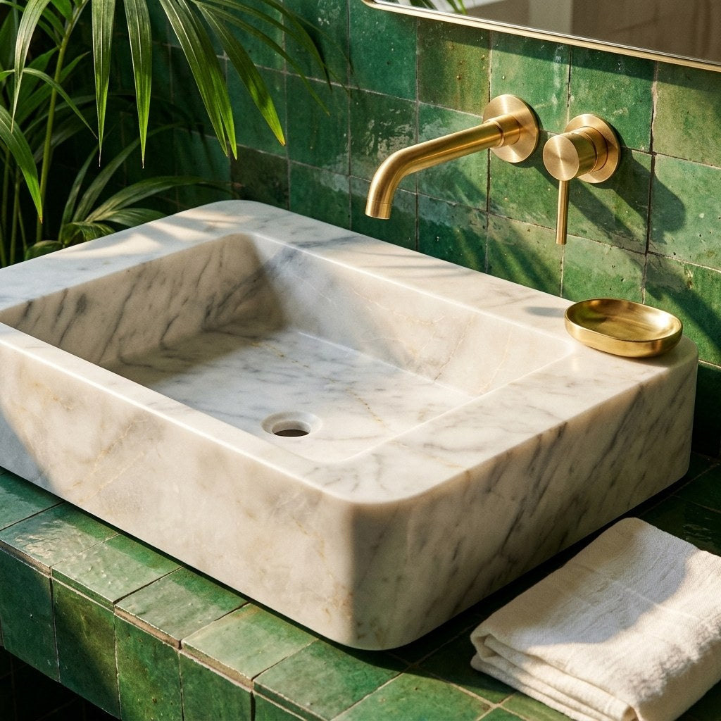 Carrara Marble Honed Rectangular Vessel Sink — premium — view 2