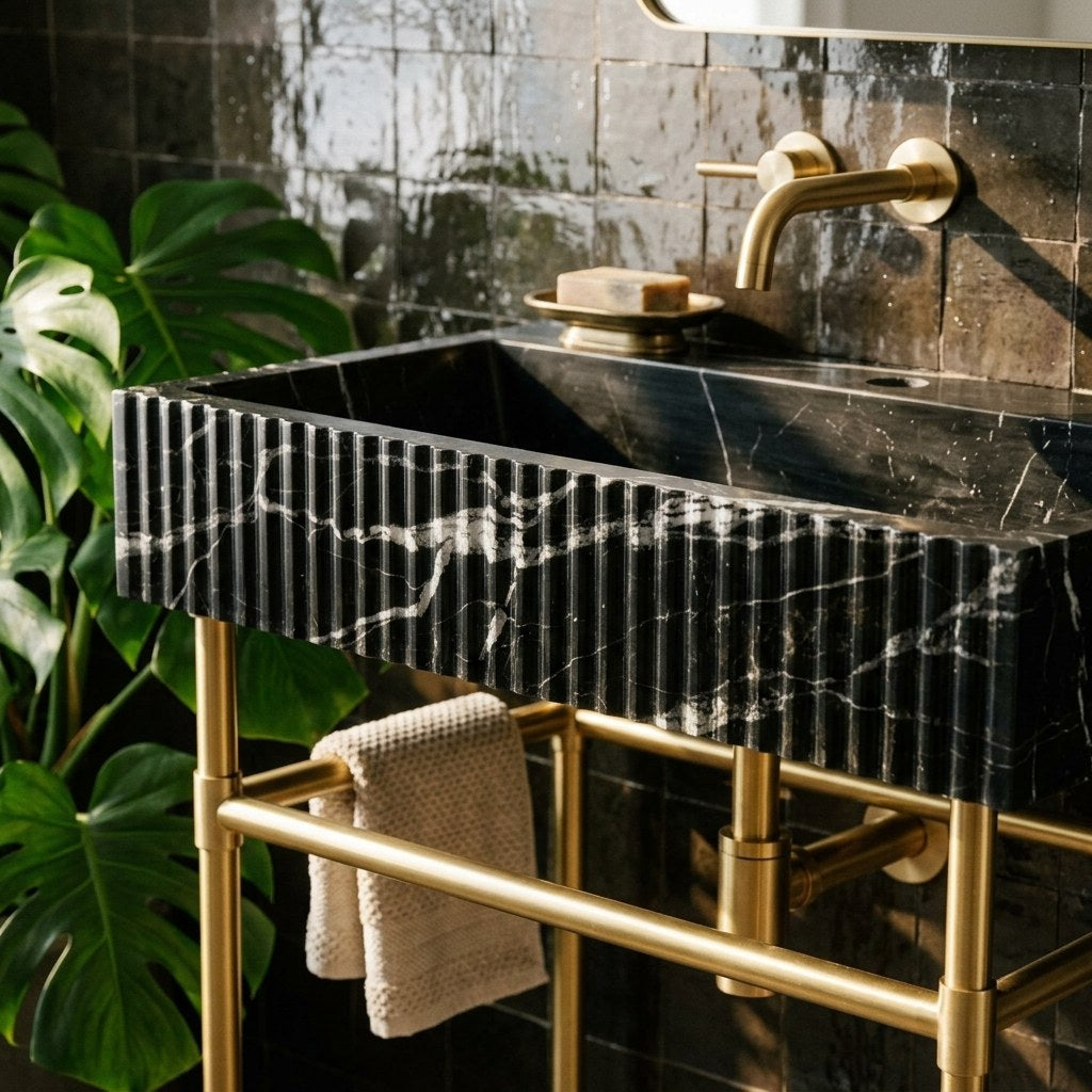 Nero Marquina Fluted Marble Sink with Metal Stand — premium — view 2