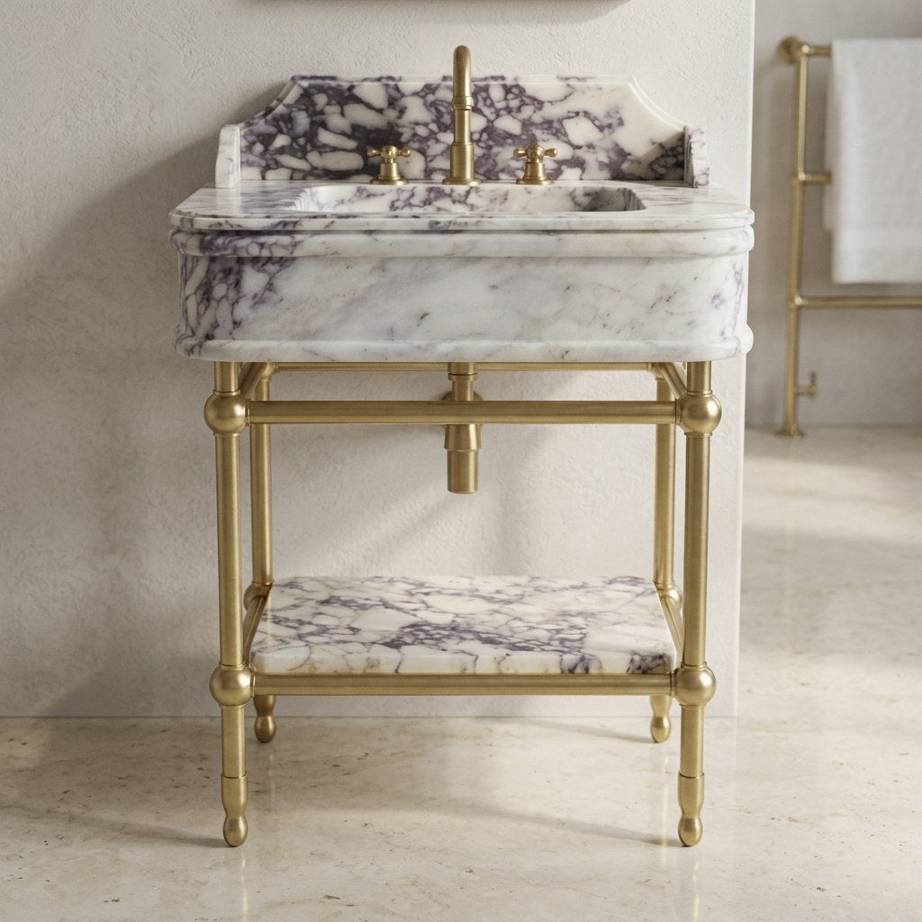Calacatta Viola Marble Sink with Brass Gold Stand — marble detail — view 3