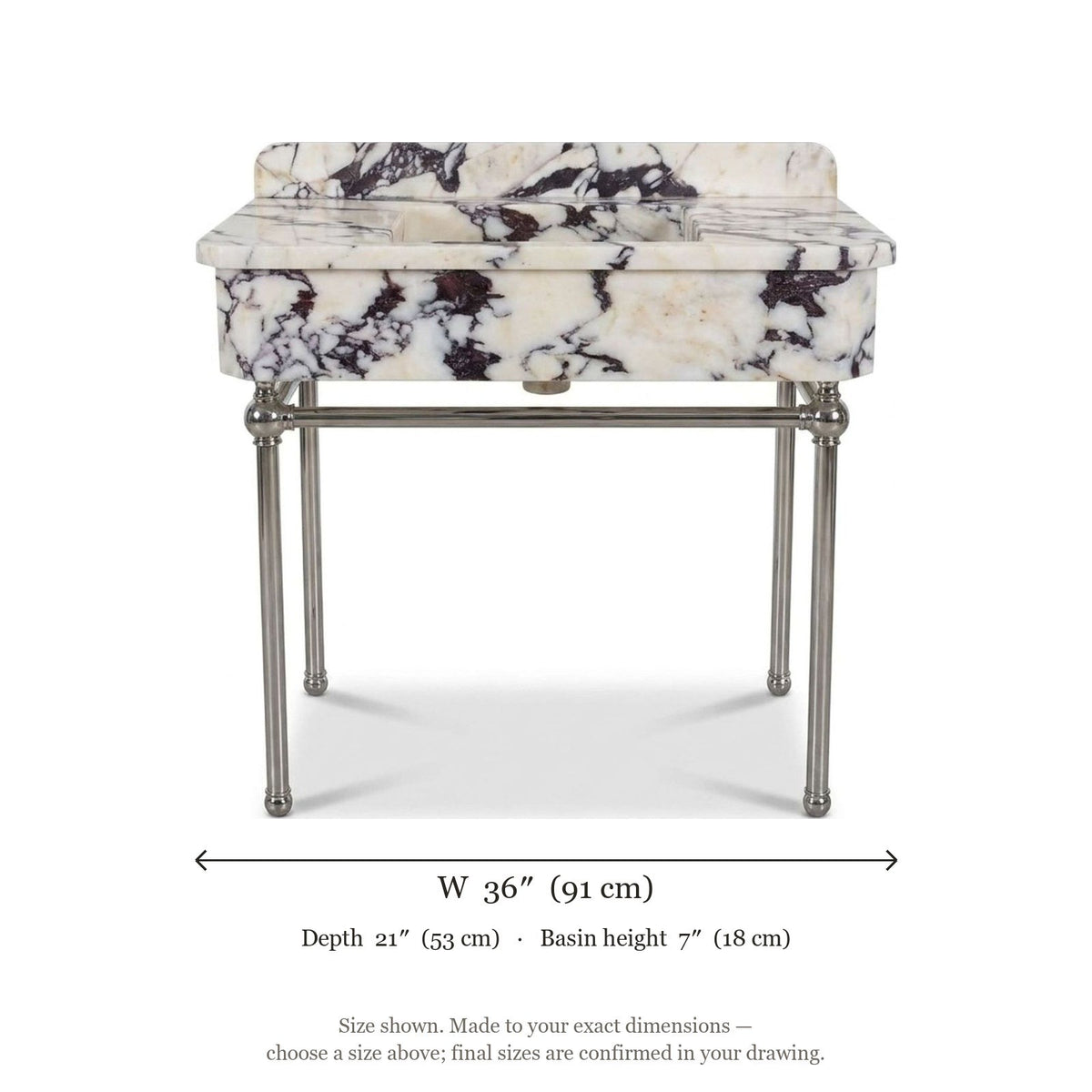 Calacatta Viola Marble Sink with Metal Stand and Backsplash — dimensions — view 4