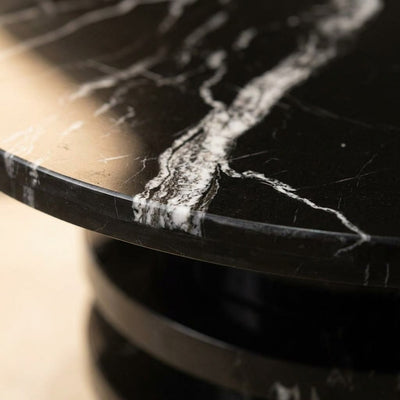 Nero Marquina Marble Round Table with Tiered Pedestal Base — marble detail