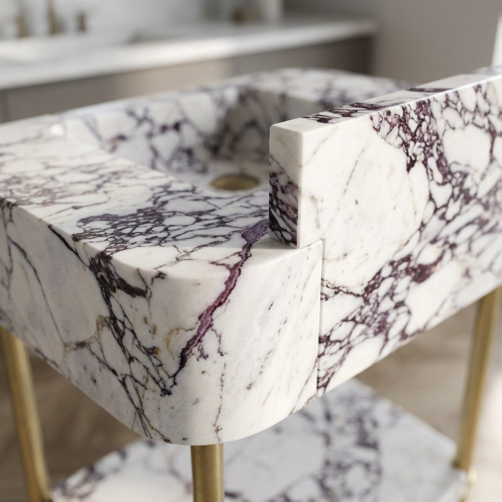Calacatta Viola Marble Console Sink with Brass Gold Stand — marble detail — view 3