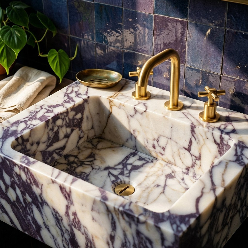 Calacatta Viola Honed Marble Sink with 3 Faucet Holes — premium — view 2