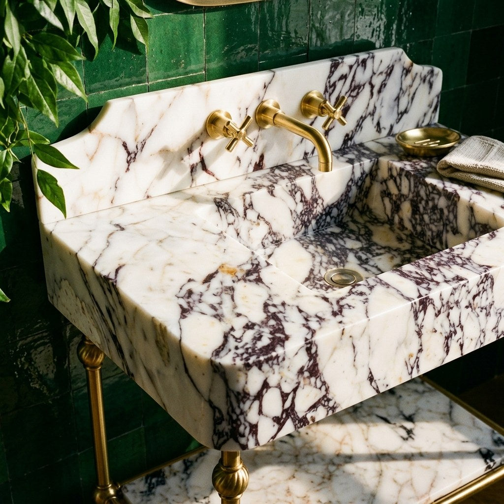 Calacatta Viola Marble Sink with Brass Stand and Backsplash — premium — view 2