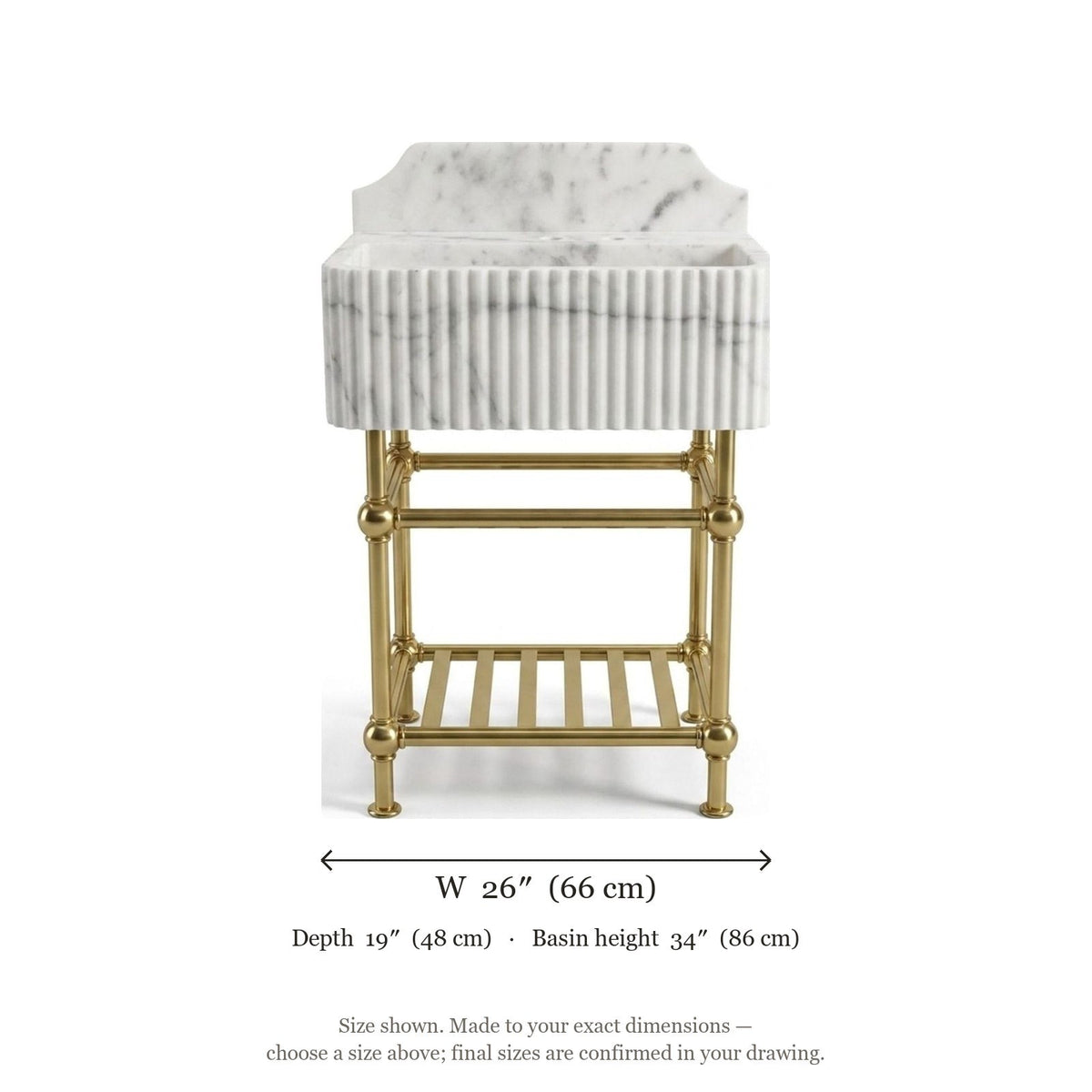 Carrara Fluted Marble Sink with Brass Stand — dimensions — view 5