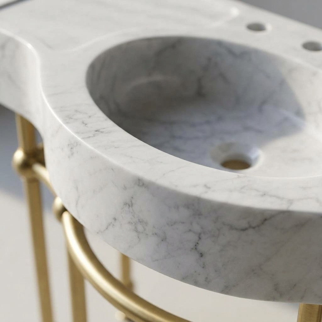 Carrara Marble Console Sink with Brass Stand — marble detail — view 3