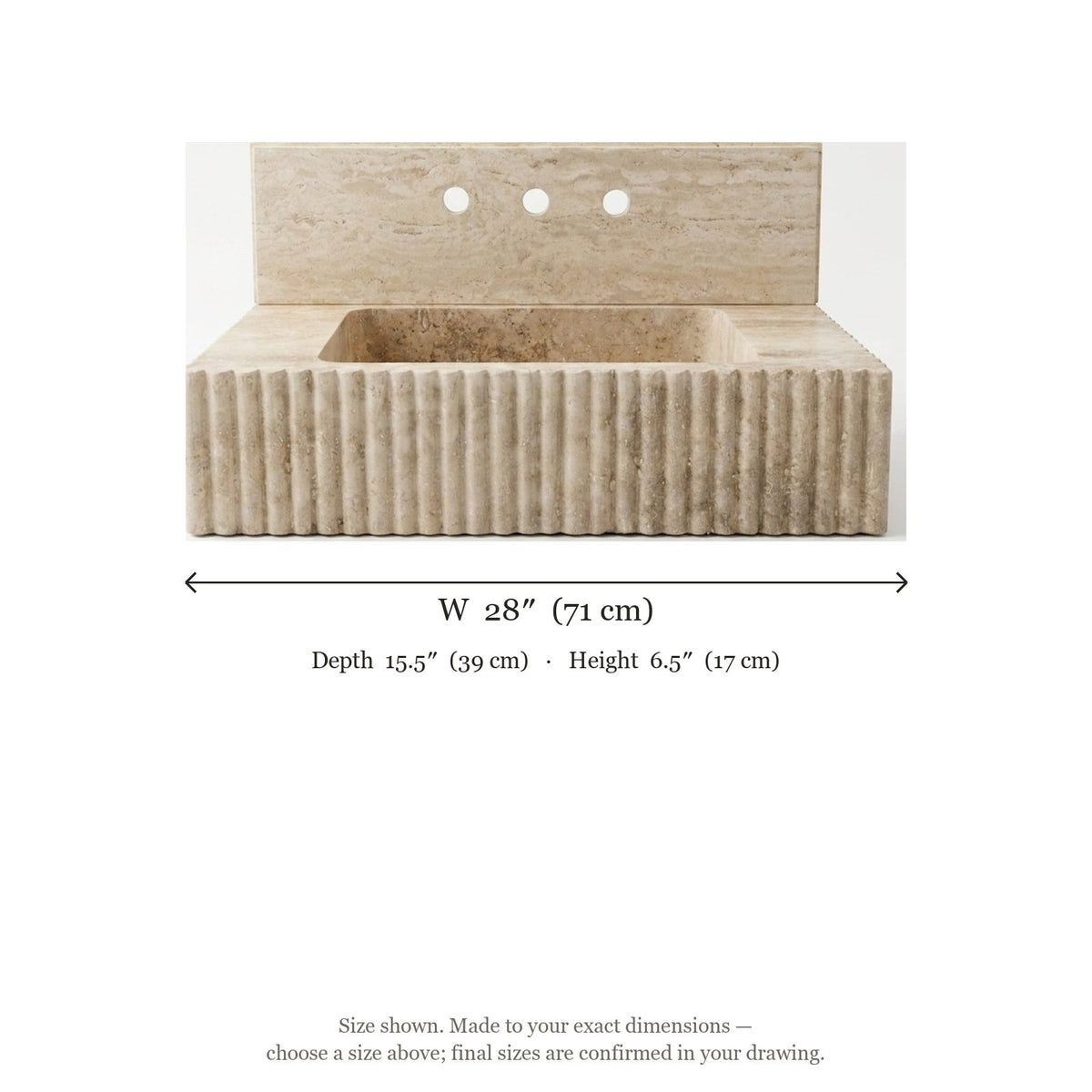 Travertine Fluted Marble Sink with Backsplash — dimensions — view 5