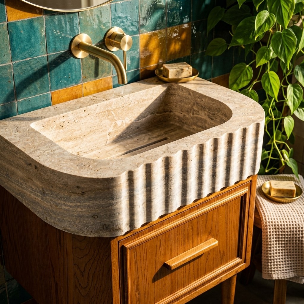 Travertine Fluted Sink with Wood Vanity — premium — view 2