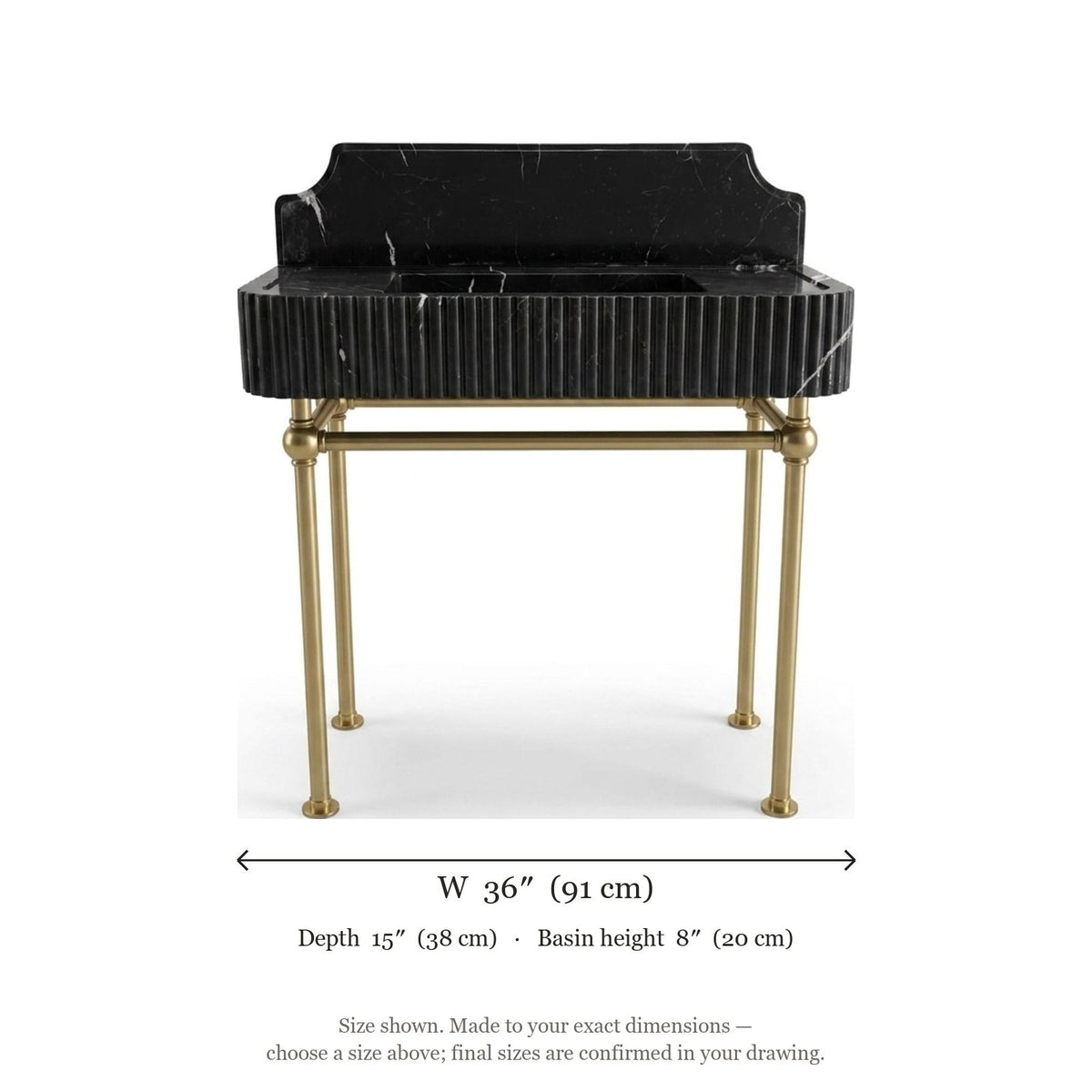 Nero Marquina Fluted Marble Sink with Brass Stand — dimensions — view 5