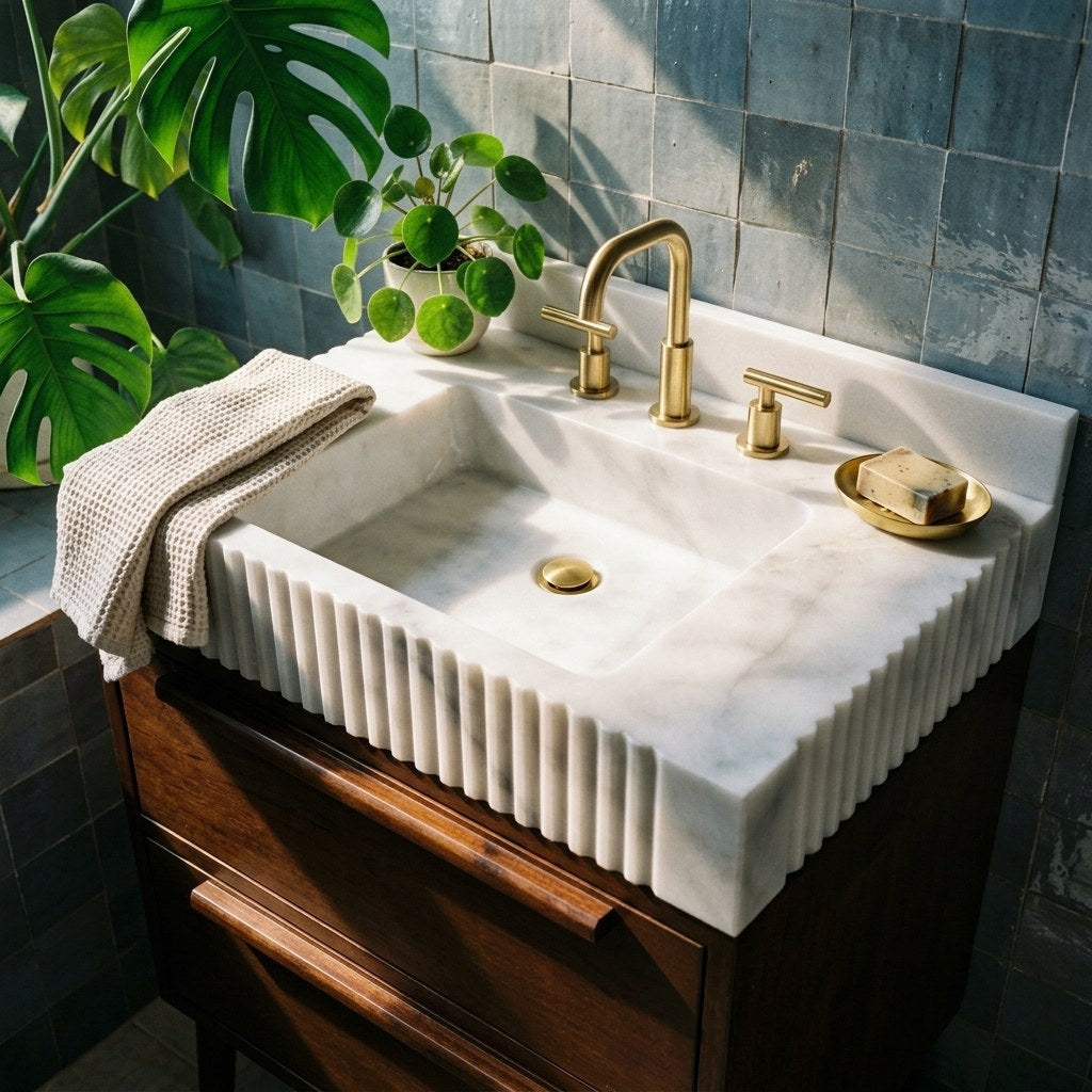 Carrara Fluted Marble Vanity with Backsplash — premium — view 2