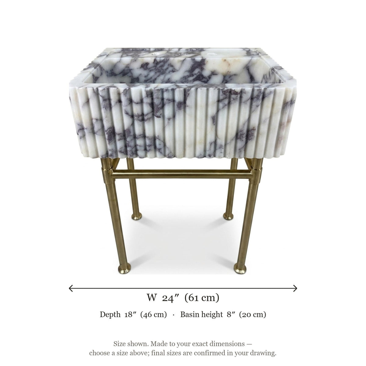 Calacatta Viola Fluted Marble Sink with Champagne Gold Stand — dimensions — view 5