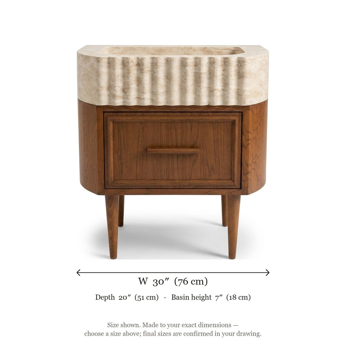 Honed Travertine Fluted Sink with Wooden Vanity — dimensions — view 5