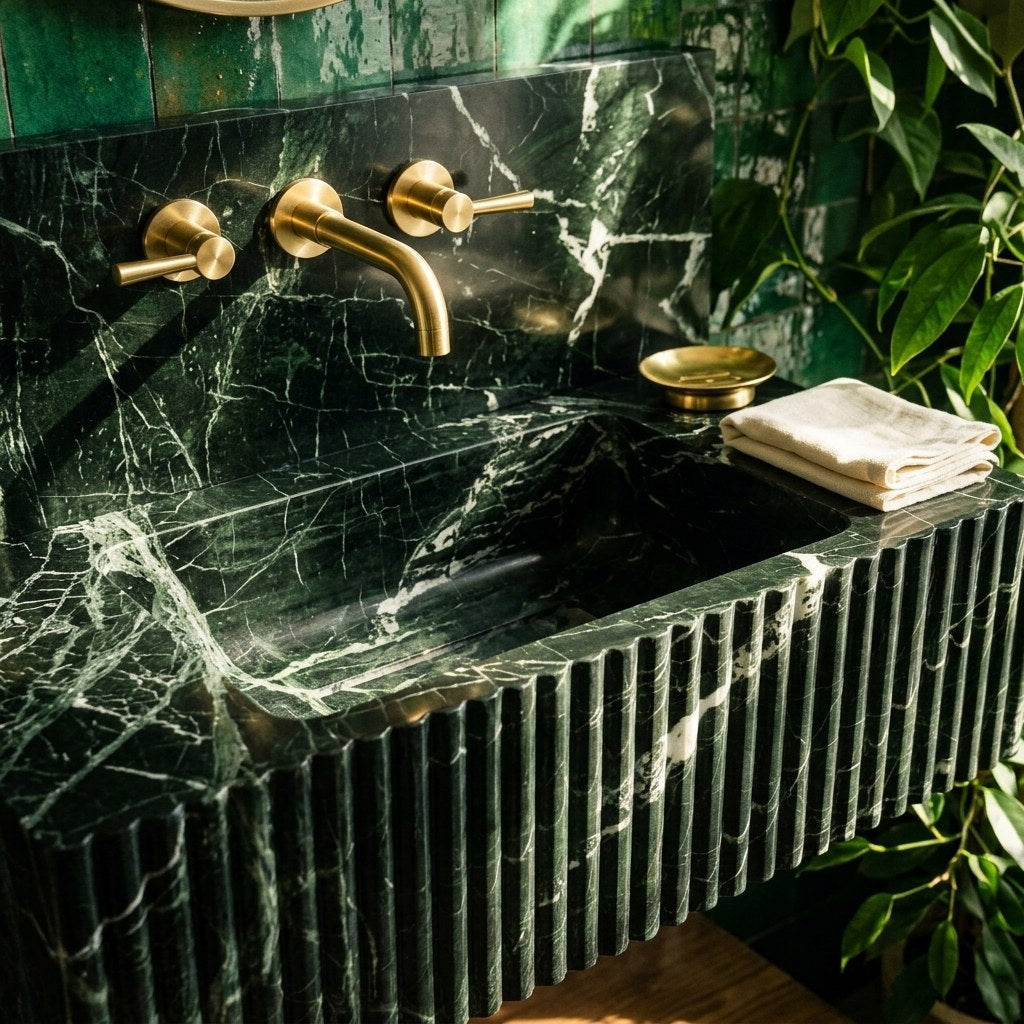 Elazig Green Fluted Marble Sink with Backsplash — premium — view 2
