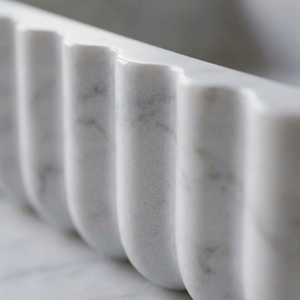 Carrara Fluted Marble Rectangular Vessel Sink — marble detail — view 3