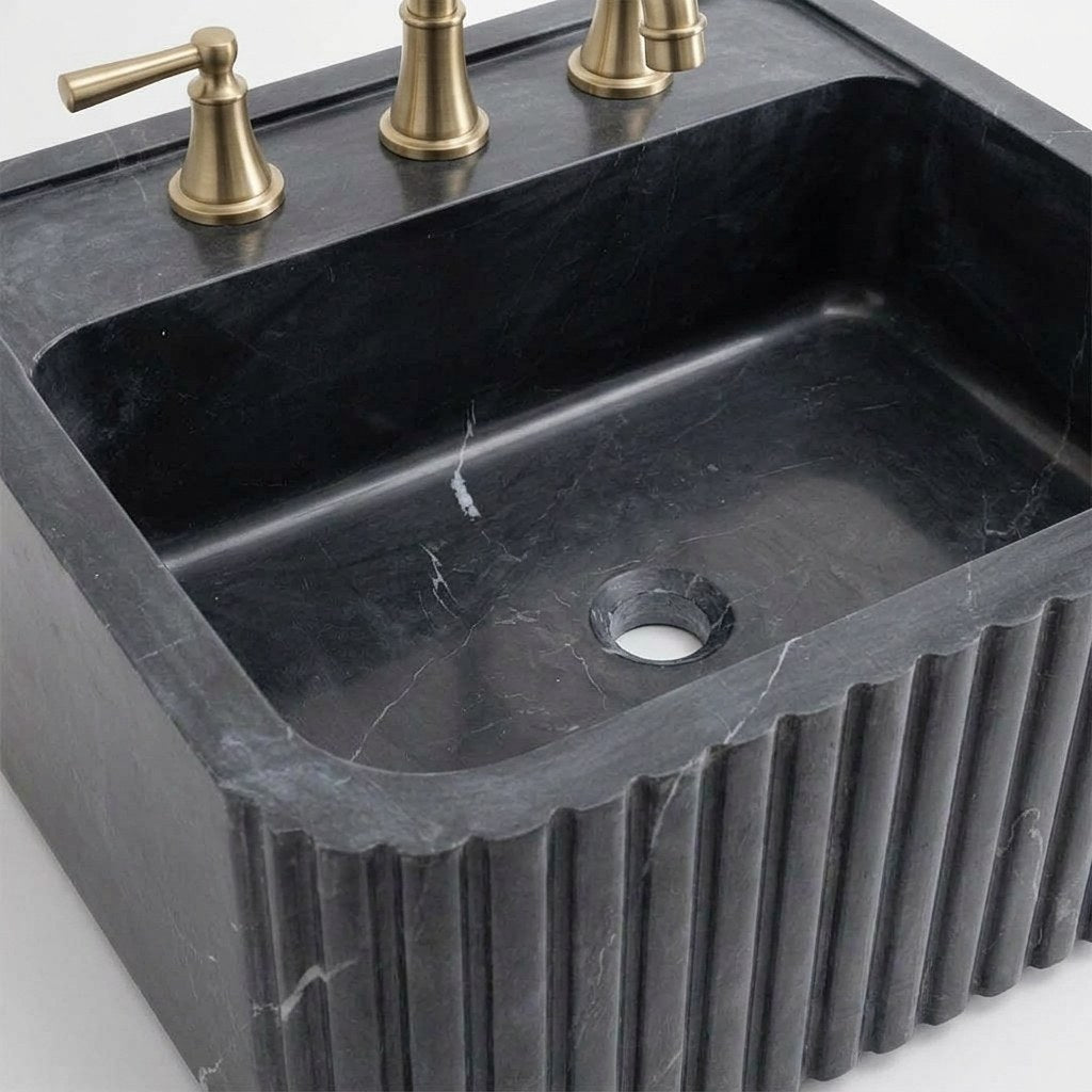 Pietra Notte Fluted Marble Sink with 3 Faucet Holes — detail — view 4