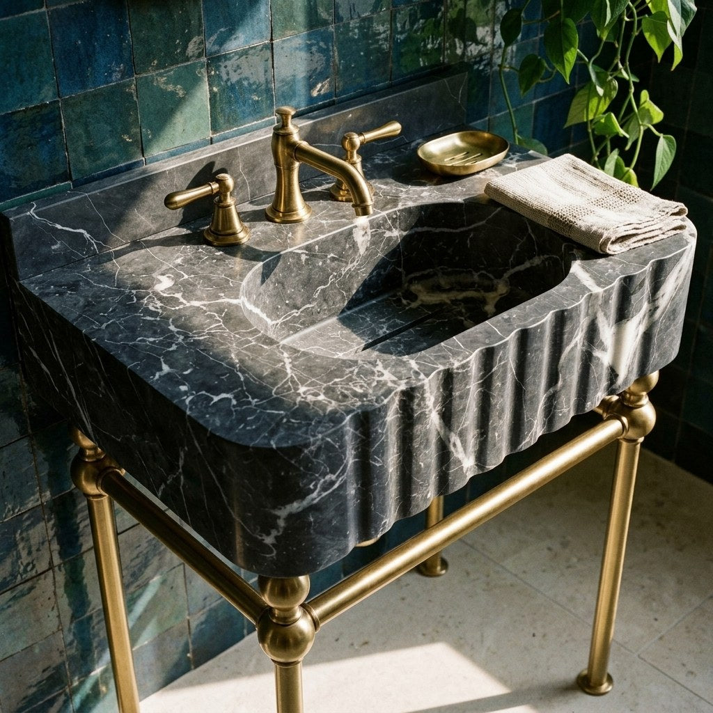 Pietra Notte Fluted Marble Sink with Champagne Gold Stand — premium — view 2