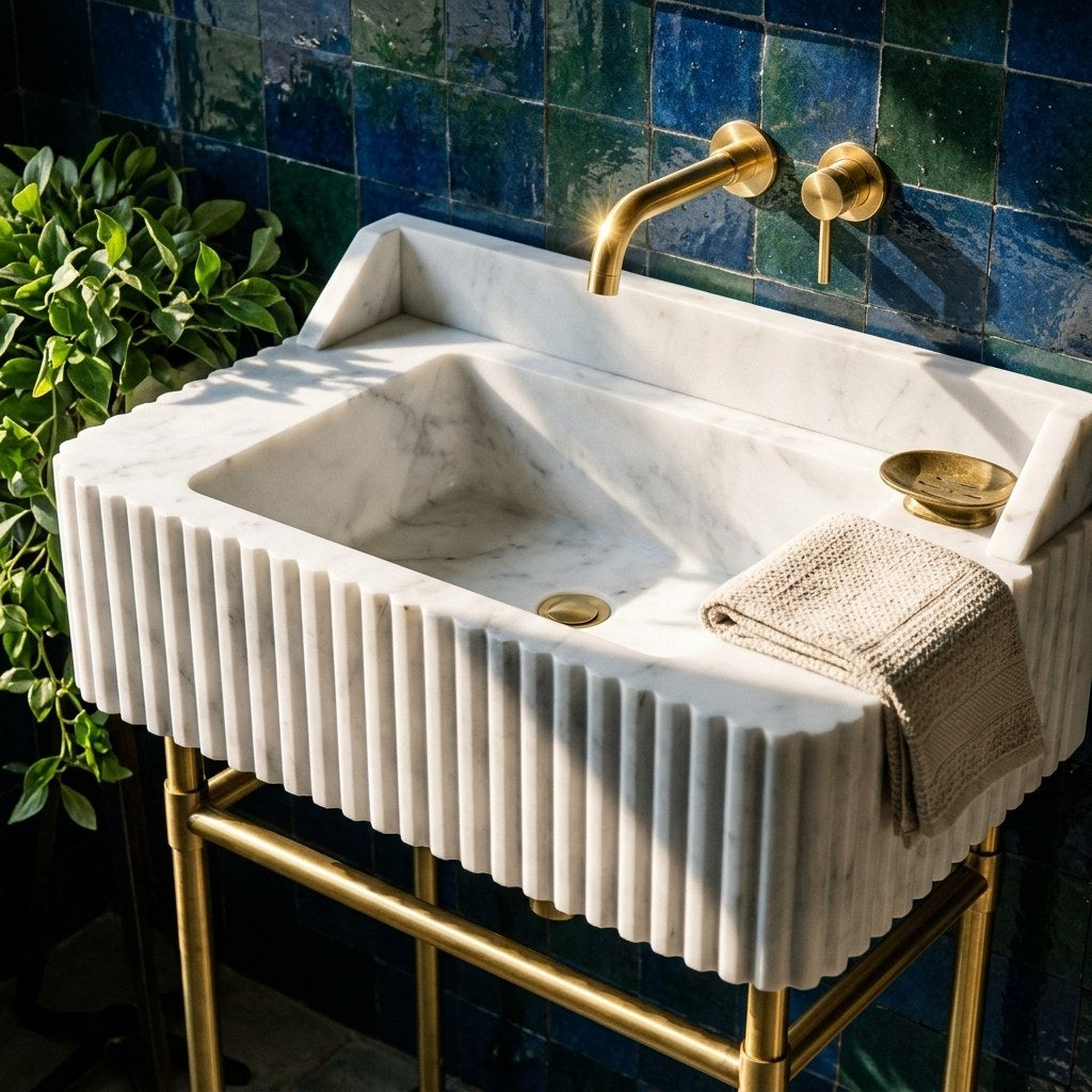 Carrara Fluted Marble Sink with Brass Stand — premium — view 2