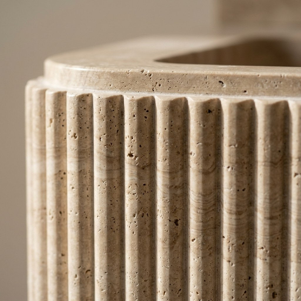 Polished Travertine Fluted Sink with Backsplash — marble detail — view 3