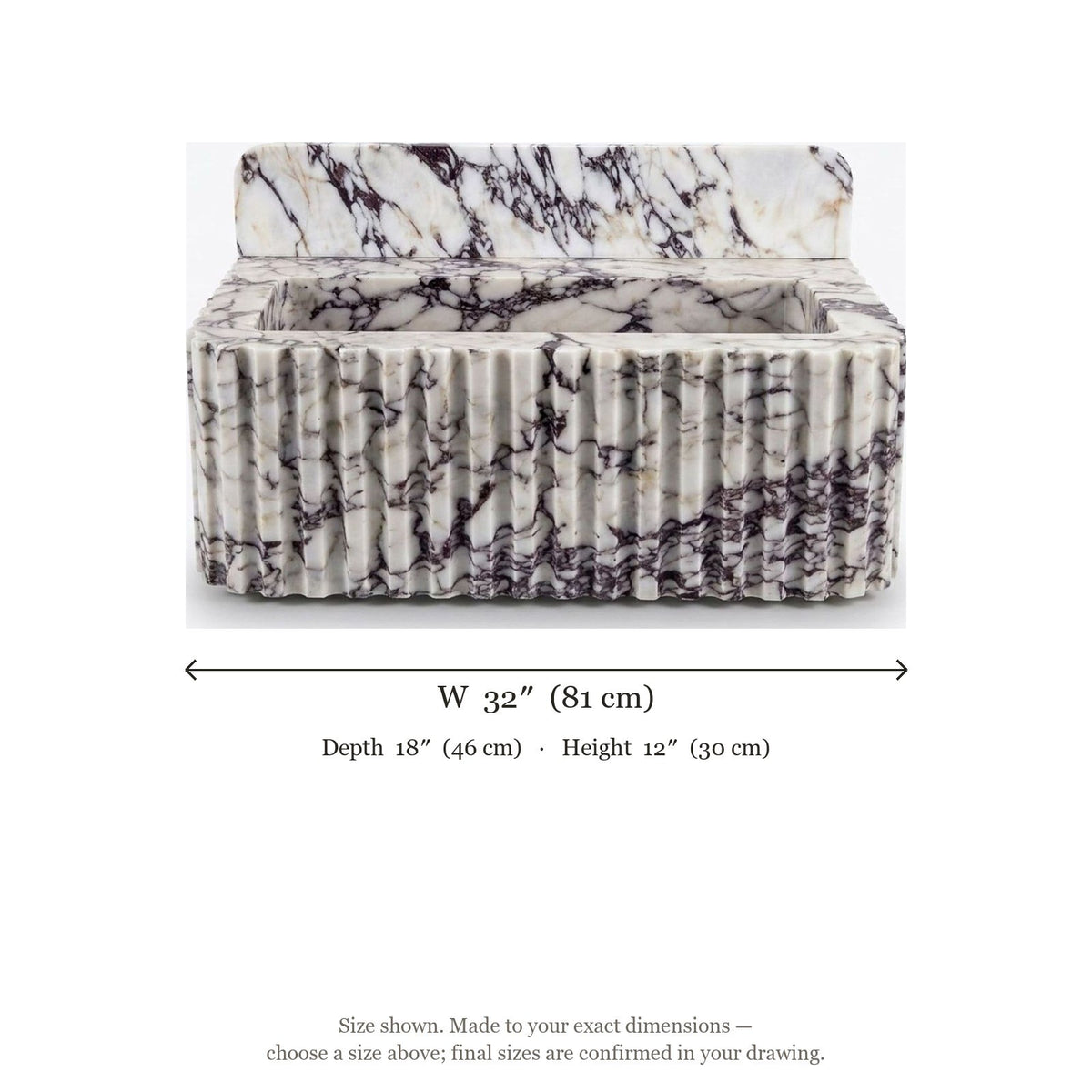 Calacatta Viola Fluted Marble Sink with Backsplash — dimensions — view 4