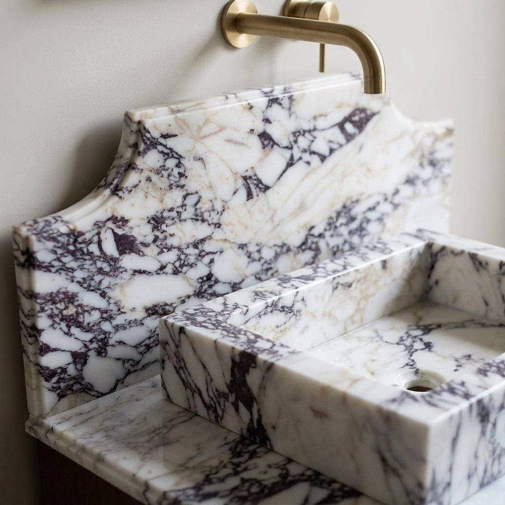 Calacatta Viola Polished Marble Vanity with Backsplash — marble detail — view 3
