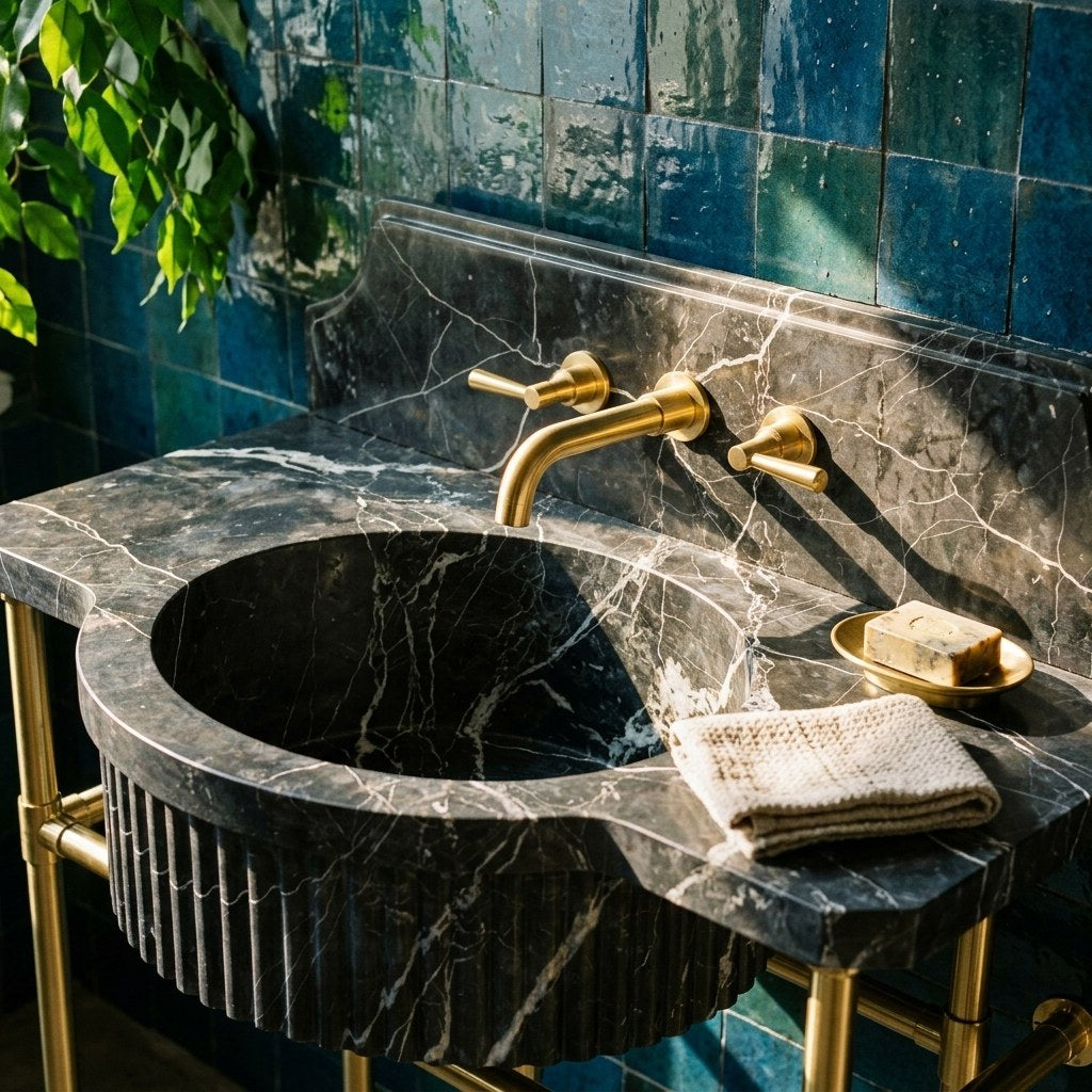 Pietra Notte Fluted Marble Sink with Brass Stand — premium — view 2