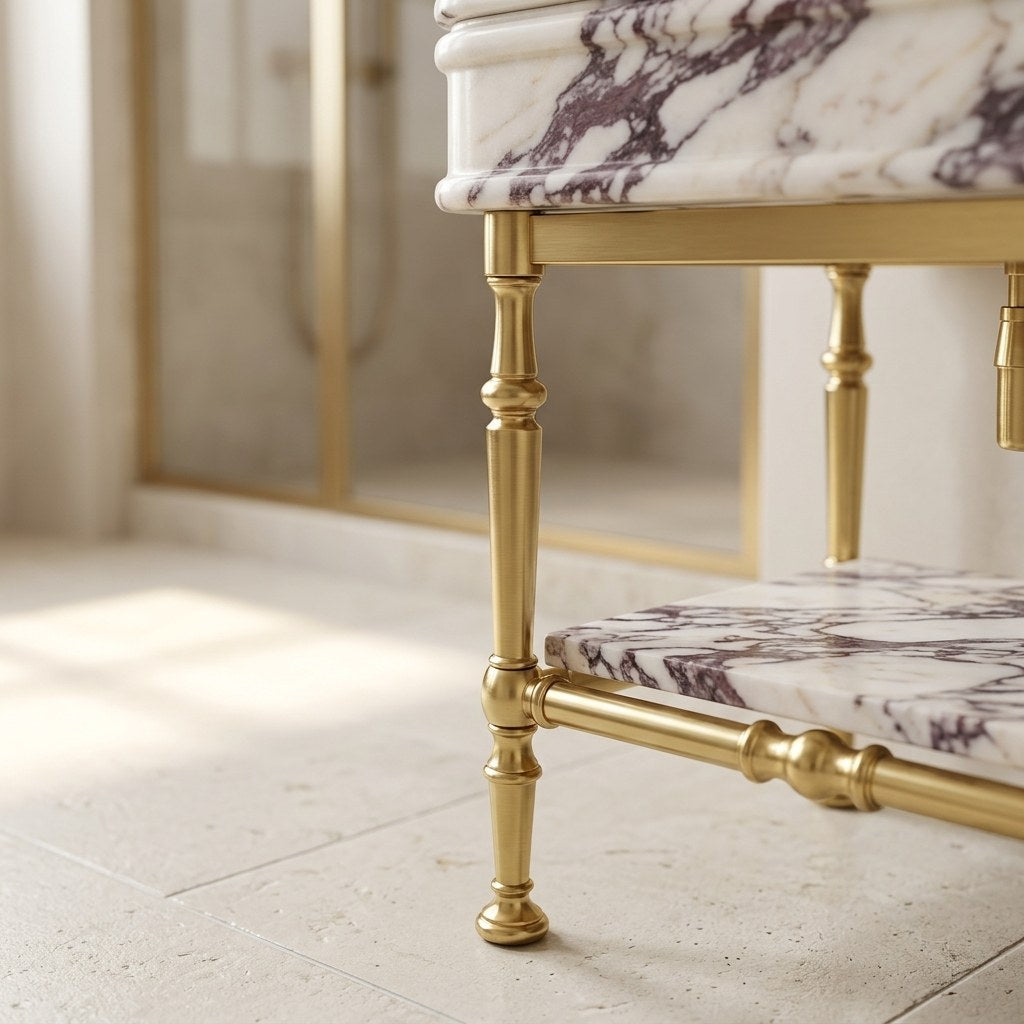 Calacatta Viola Marble Sink with Brass Stand and Backsplash — detail — view 2