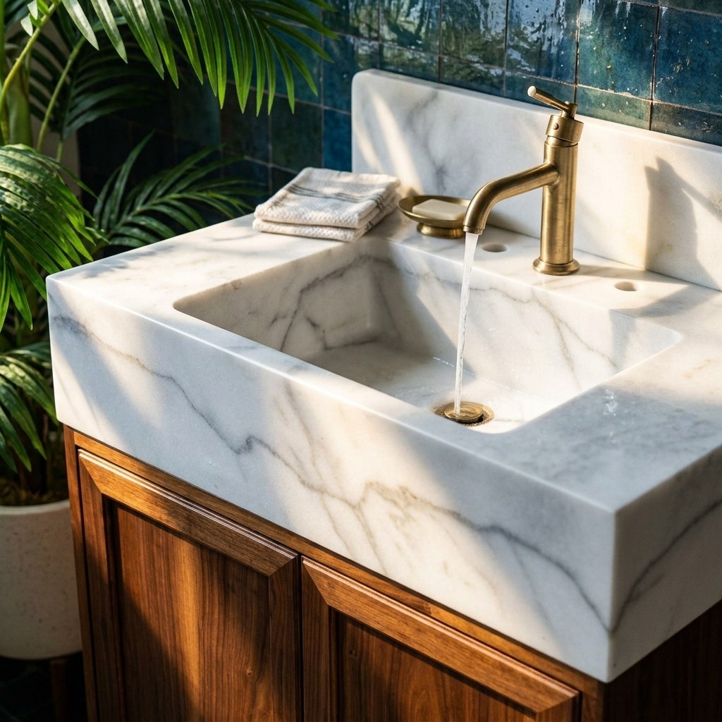Polished Carrara Marble Vanity Sink with Backsplash — premium — view 2