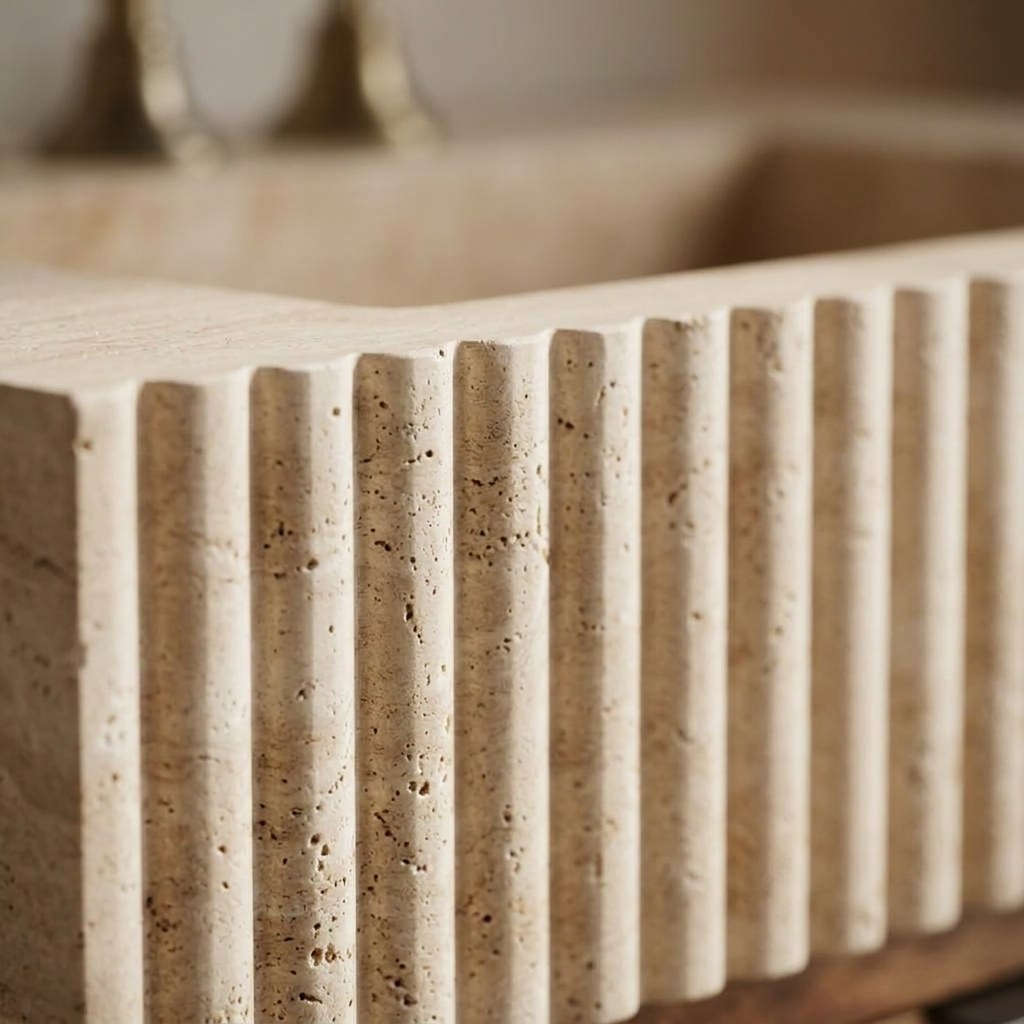 Fluted Travertine Vanity Sink with Honed Finish — marble detail — view 3