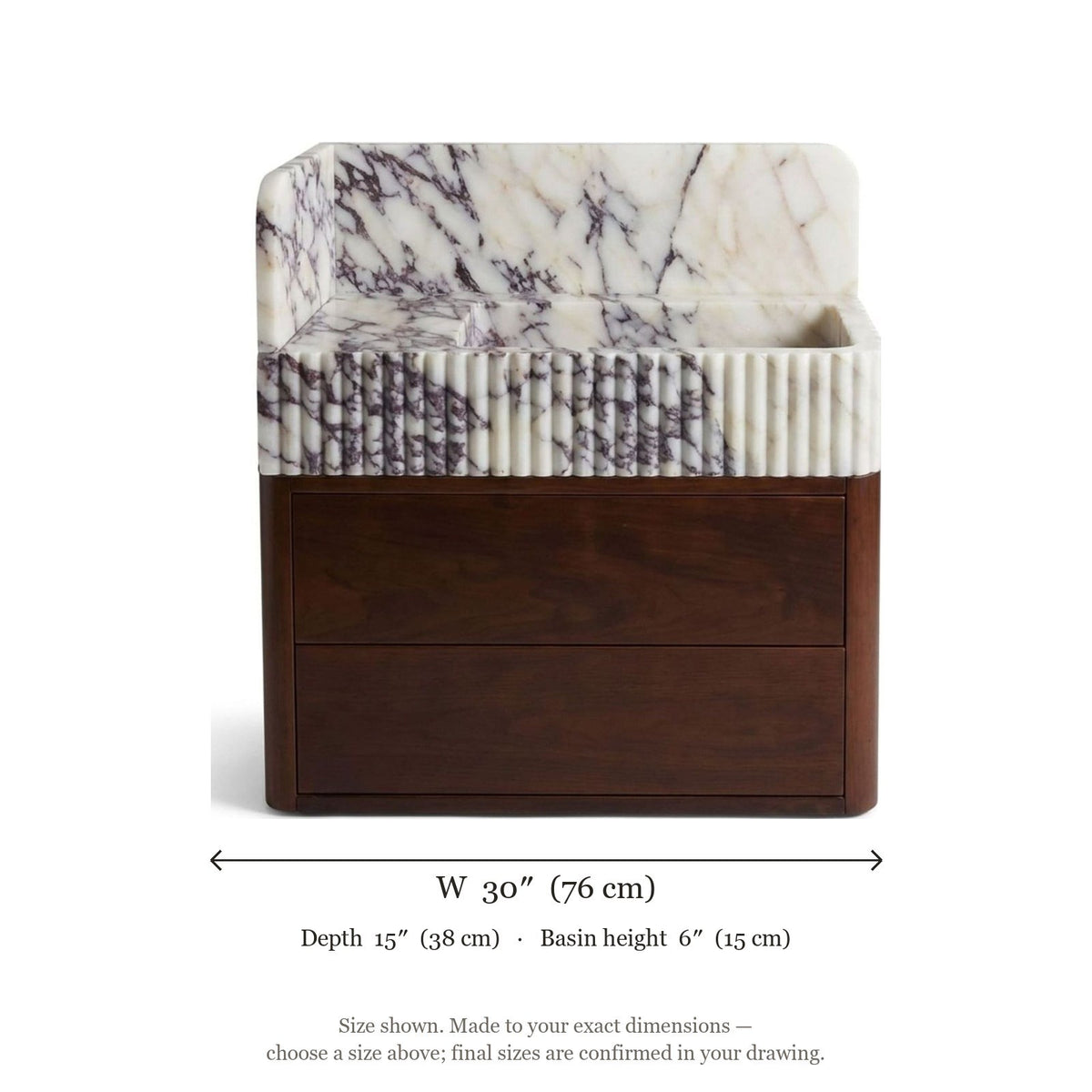 Calacatta Viola Fluted Marble Vanity Sink with Backsplash — dimensions — view 5