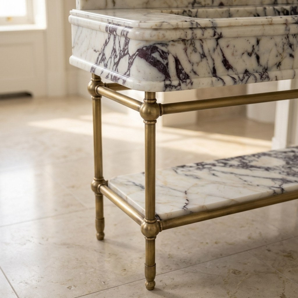 Calacatta Viola Marble Sink with Metal Stand and Backsplash — detail — view 4