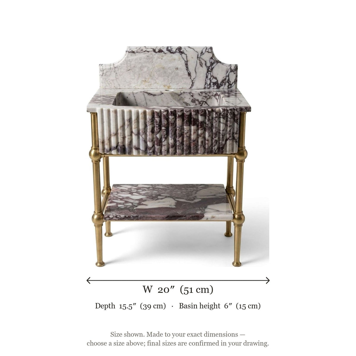 Calacatta Viola Fluted Marble Sink with Brass Stand and Backsplash — dimensions — view 4