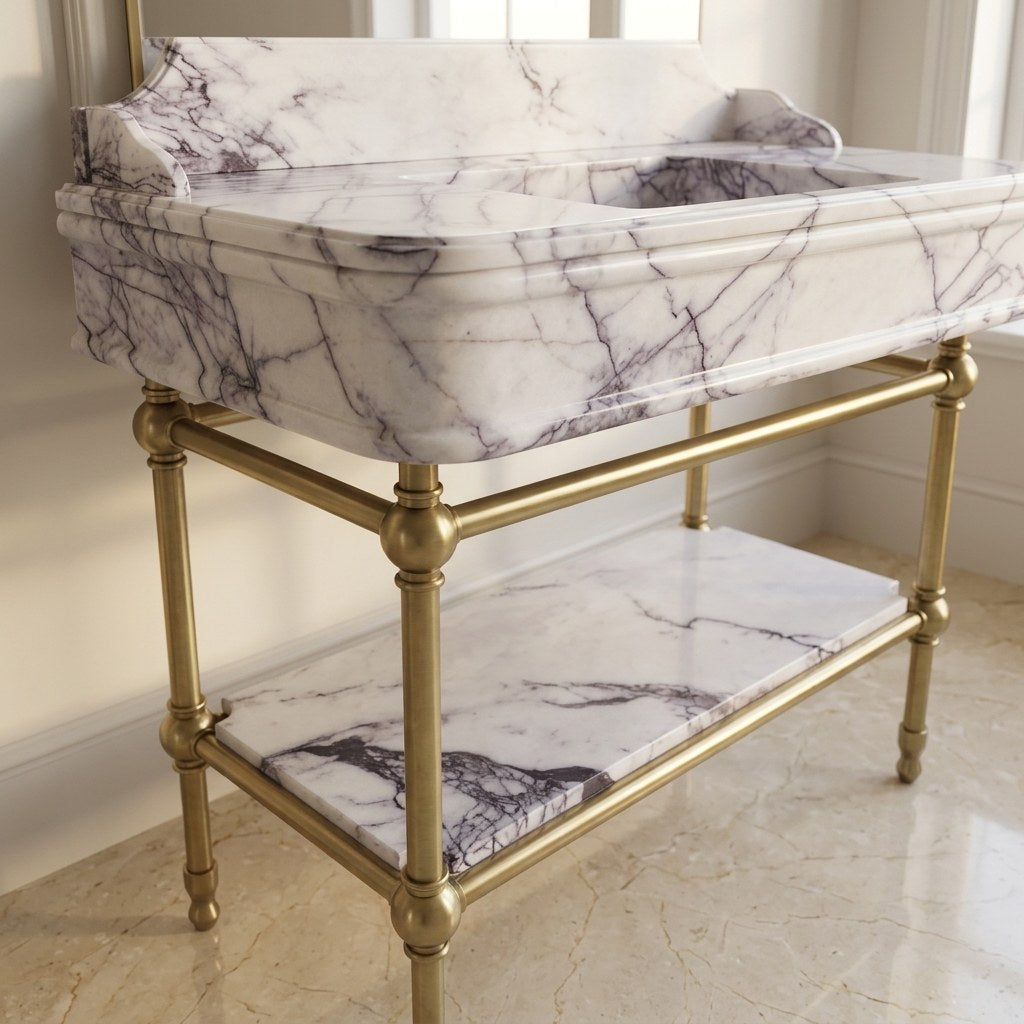 Lilac Marble Sink with Brass Stand and Backsplash — detail — view 2