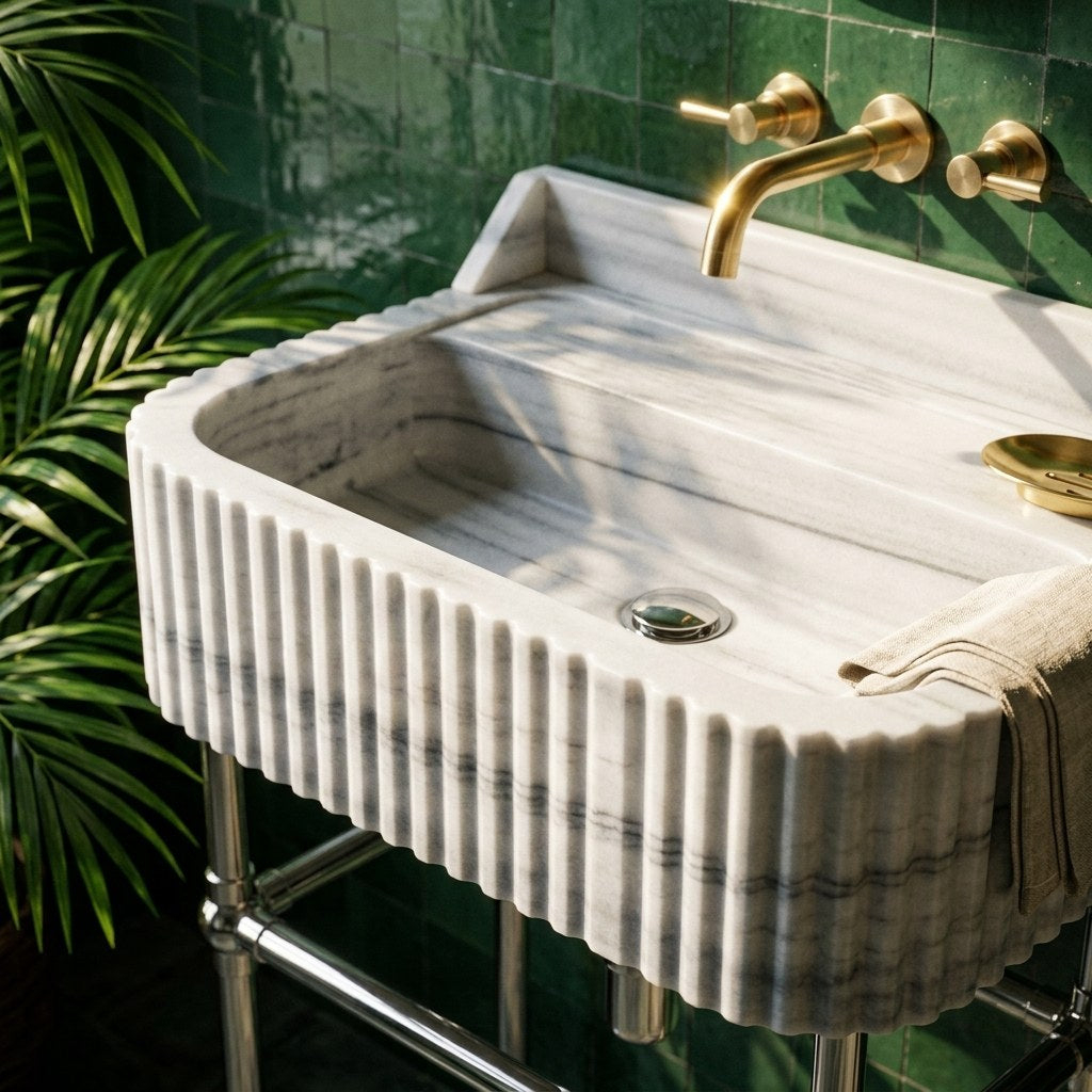 Carrara Fluted Marble Sink with Brushed Steel Stand — premium — view 2