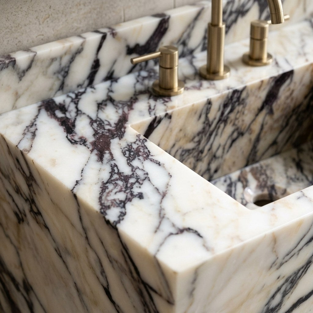 Calacatta Viola Polished Marble Sink with Backsplash — marble detail — view 3